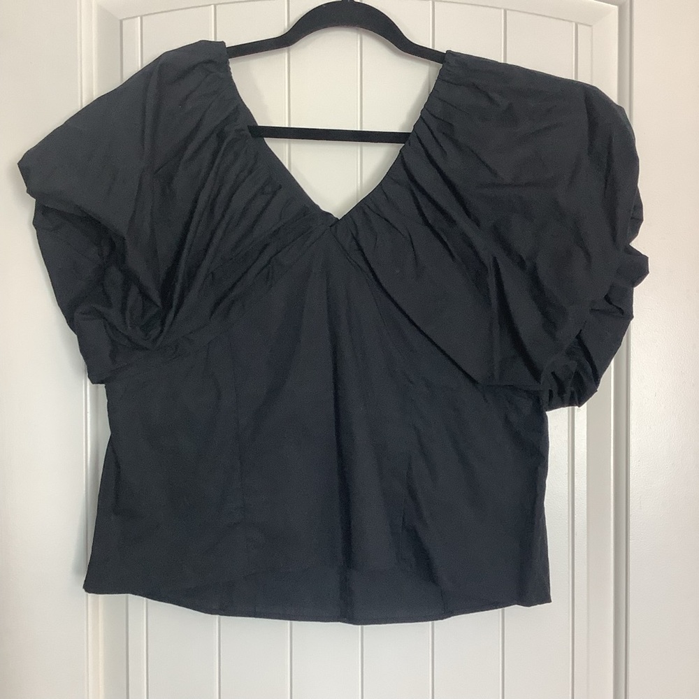 Marc New York Black Puff Sleeve V-Neck Blouse